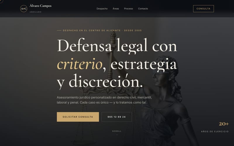 Full-length screenshot of the Álvaro Campos landing page: restrained palette, practice areas and contact block.