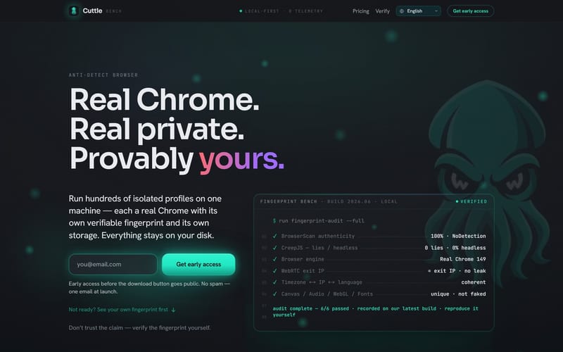 Full-length screenshot of the Cuttle product site: dark hero, feature sections, pricing and download.