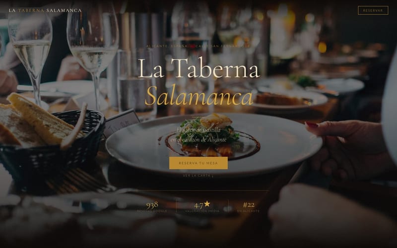 Full-length screenshot of the La Taberna Salamanca concept: warm palette, menu sections and reservation block.